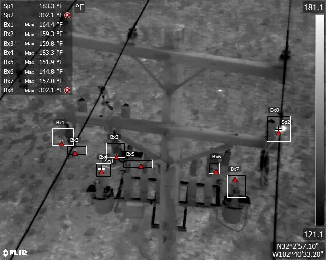 FLIR thermal image with measurement boxes, temperature readings, and GPS coordinates