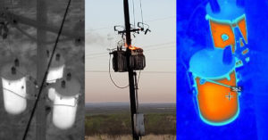 A photo of a transformer fire and thermal views showing overloaded transformers